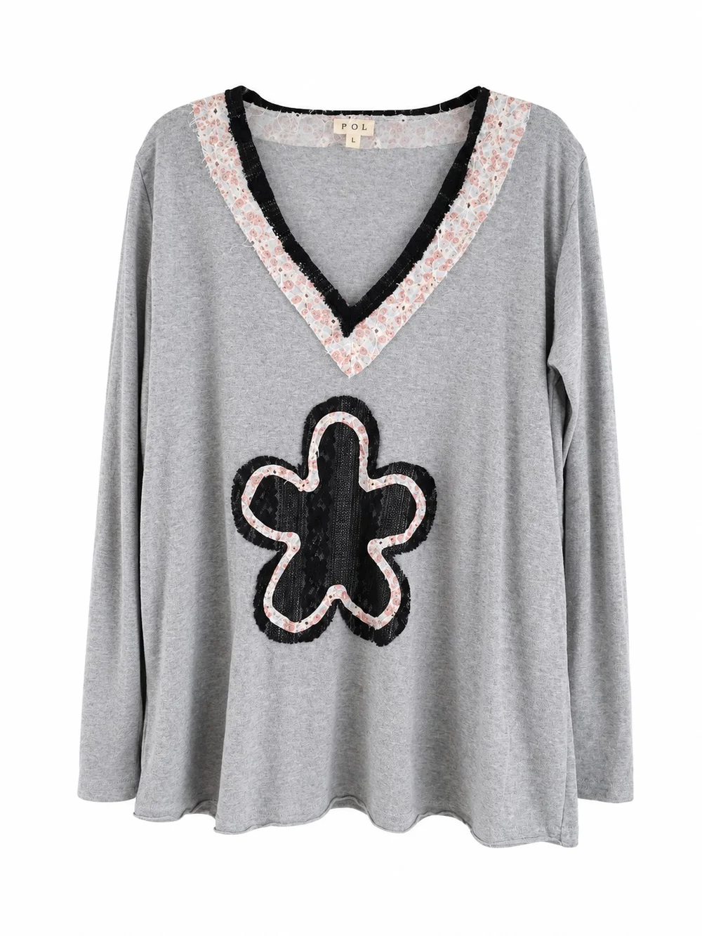 POL Boho Floral Patchwork V-Neck Long Sleeve Top Gray Black Boutique Size Large - Picture 2 of 12